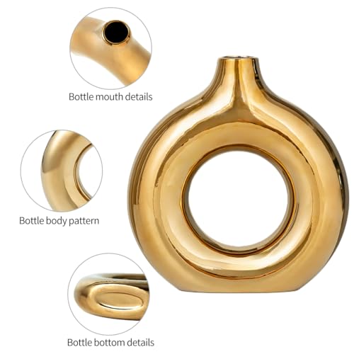 White and Gold Donut Vase, Modern Ceramic Vase for Pampas Grass, Perfect Centerpiece for Weddings, Living Room, and Office Decor (Full Gold, Set(S+L)) - color: Full Gold, size: SET(S+L)