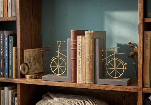 Spiretro Bicycle Bookend Supports, Decorative Book Stoppers with Non-Skid Bottom, Handcrafted Distressed Wood & Metal Book Stand, Display for Bookshelf Office Desktop, 1-Pair, Golden & Brown
