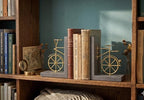 Spiretro Bicycle Bookend Supports, Decorative Book Stoppers with Non-Skid Bottom, Handcrafted Distressed Wood & Metal Book Stand, Display for Bookshelf Office Desktop, 1-Pair, Golden & Brown