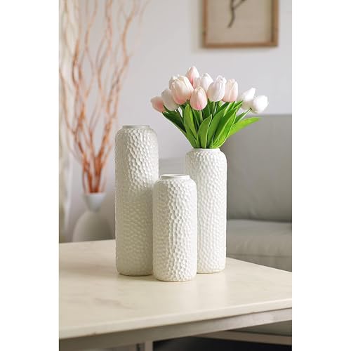 Hosley Set of 3 White Ceramic Honeycomb Vase Tall 12 Inch Medium 10 Inch Short 8 Inch High Each. Ideal Gift for Wedding Special Occasion Dried Floral Arrangements Home Office Spa - color: Honeycomb White