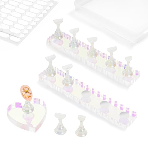 Nail Stand For Press On Acrylic Strong Magnetic Nail Holder Kit For Painting Nails Tip Arts Display With 200PCS Double-Sided Tape And 1 Heart Shaped Acrylic Magnetic Presson Stand (Aurora And White, Medium) - color: Aurora And White, size: Medium