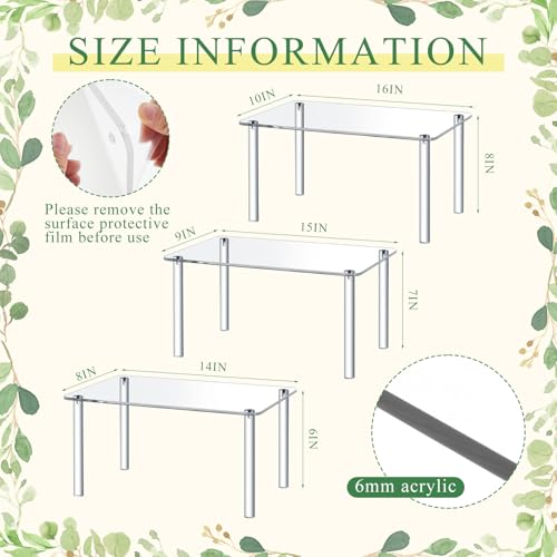 RattanView 3 Pcs 16, 15, 14 Inch Acrylic Risers Display Stands Rectangular 4-leg Acrylic Plant Stand, 6mm Thick Clear Shelf Riser Display Stands for Decor Collectibles Figures and Item Photography - size: 16×10×8 In，15×9×7 In，14×8×6 in