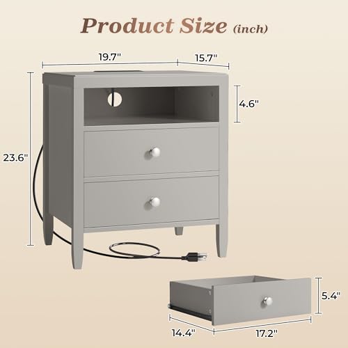 Huuger Grey Nightstand Set of 2, Night Stand with Charger Station, Bedside Table with 2 Drawers, Bed Side Tables for Bedroom, Modern Nightstands, Metal Knobs, Painted Surface - color: Grey