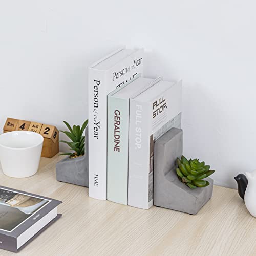 MyGift Decorative Bookends for Heavy Books, Book Ends with Planted Artificial Succulent Plants, Book Stands for Shelves Desktop, 1 Pair, L-Shaped Concrete - color: Artificial Succulent