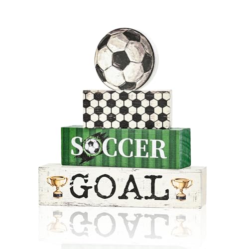 Smile Soccer Wooden Block Decor Set, 4-Piece SOCCER GOAL & Tiered Tray Tabletop Signs with Soccer Ball Figurine for Game Day & Sports Party Decorations - style: Soccer