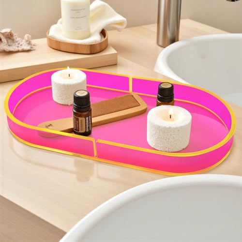 Acrylic Decorative Vanity Tray Perfume Jewelry Trinket Tray for Bathroom Counter Soap Toilet Tank Sink Small Candle Catch All Organizer, 12.6x6.3 Inches, Neon Pink - color: Neon Pink