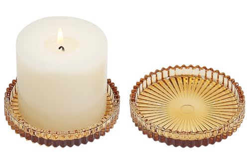 Vixdonos 3.8 Inch Glass Pillar Candle Holder Set Pack 2 Gear Round Plate Serrated Candle Stand for Table Centerpieces,Party, Wedding and Home Decor - color: Amber