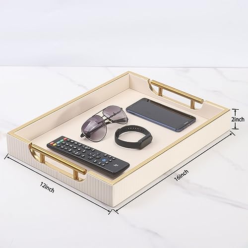 Wooden Structure Leather Decorative Tray With Brushed Champagne Gold Handle - Square Coffee Table Farmhouse Counter PU Serving Storage Tray (White) - color: White