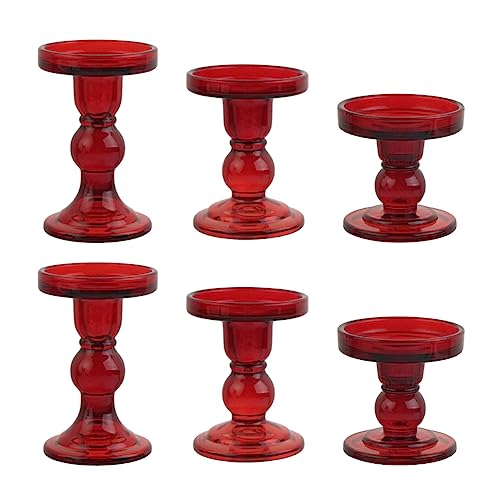 6-Piece Set of Red Glass Candlestick, Crystal Candlestick Holder Holder and Conical Candle, Christmas Candle Holder Decoration, Family Living Room Wedding Candle Holder (red2sets) - color: Red2sets
