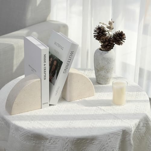 Karibiber Marble Bookend for Shelves, Non-Skid Bookends for Heavy Books, Heavy Duty Book Stopper for CDs, Luxury Book Shelf Holder, Quarter Circle Design Book Ends Decorative, Moleanos Beige, Set of 2 - color: Portugal-moleanos Beige