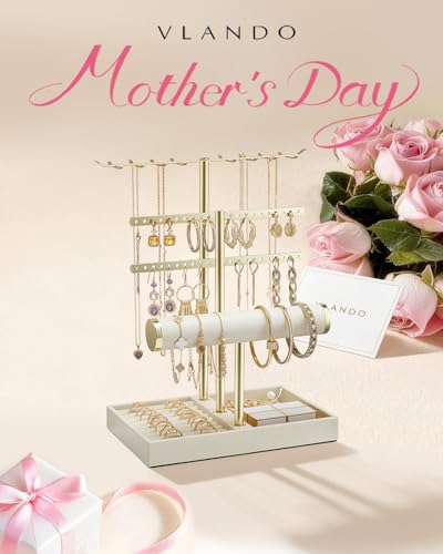 VLANDO 3 Tier Jewelry Stand Organizer with Tary, Mothers Day Mom Gifts for Women, Gold Jewlery Holder Display for Necklace, Earring, Bracelet, Rings - Cloud White - color: B. Cloud White, size: 3-Layer