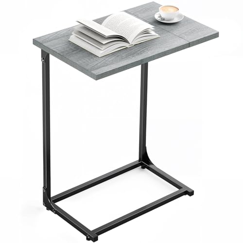 Pipishell C-Shaped Side Table, C Table for Sofa with Two-Piece Desktop & Metal Frame, Large Surface End Table for Living Room, Bedroom, Bedside, Rustic Design, Grey - color: Grey