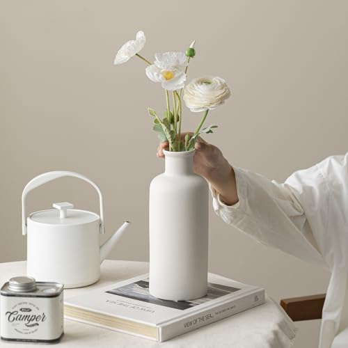 White Ribbed Ceramic Vase for Flowers, Modern Textured Decorative Vase, 10 Inch Tall, Farmhouse Style Home Decor (Nature White) - color: Nature White