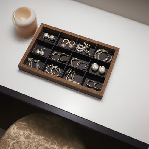 Fordonral Wood Jewelry Organizer Tray with PU Linen, Earring Organizer Jewelry Organizer Showcase Display Drawer Organizer Storage, Earring Holder Necklace Bracelet Ring Accessary Organizers - style: 12 Grids