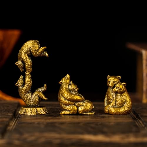 CHOVY Vintage Brass Bear Figurines Set - 3 Romantic Poses in Solid Brass, Collectible Couple Sculptures, Handmade Desk Art for Home Office & Unique Gift for Bear Lovers - Acrobatics - color: Couple Bears Acrobatics