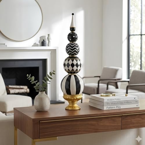Black and White Checkered Decor, 15.7 Inch Resin Modern Sphere Sculpture, Table Top Mantel Office Desk Shelf Halloween & Christmas Decorations for Home Statue - color: Black