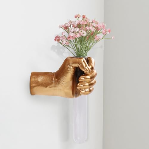 Gold Wall Sculptures, Hand Vases Home Decor, Wall Mount Art Sculpture, Unique Wall Art Statue, Funky Flower Vase Decorations, Modern Eclectic Hanging Decor,Glass Test Tube Vase - color: Gold