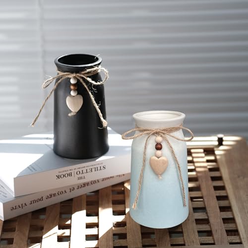 Elegant Ceramic Vase | 6-Inch Flower Vase with Jute Rope & Heart Charm | Modern, Farmhouse, & Boho Home Décor, Blue Color - color: Blue