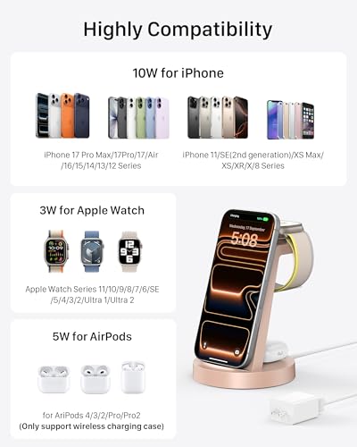 Anlmz 3 in 1 Charging Station for iPhone, Wireless Charger for iPhone 17 16e 16 15 14 13 12 11 X Pro Max & Apple Watch - Charging Stand Dock for AirPods (Rose) - color: Rose