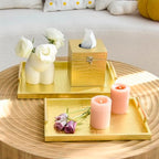 Set of 2 Modern Elegant Large Wood Serving Tray, Rectangle Decorative Tray Ottoman Tay Coffee Table Tray, Gold Crocodile Leather with Gold Polished Metal Handles - style: Golden Crocodile Tray