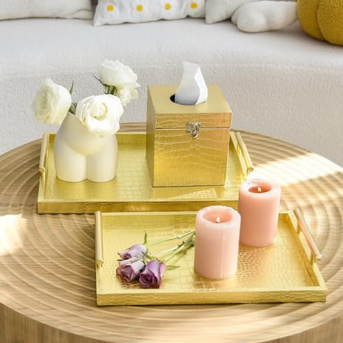 Set of 2 Modern Elegant Large Wood Serving Tray, Rectangle Decorative Tray Ottoman Tay Coffee Table Tray, Gold Crocodile Leather with Gold Polished Metal Handles - style: Golden Crocodile Tray