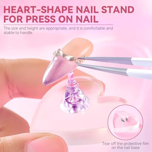 Nail Stand For Press On Acrylic Strong Magnetic Nail Holder Kit For Painting Nails Tip Arts Display With 200PCS Double-Sided Tape And 1 Heart Shaped Acrylic Magnetic Presson Stand (Clear And Purple, Medium) - color: Clear And Purple, size: Medium