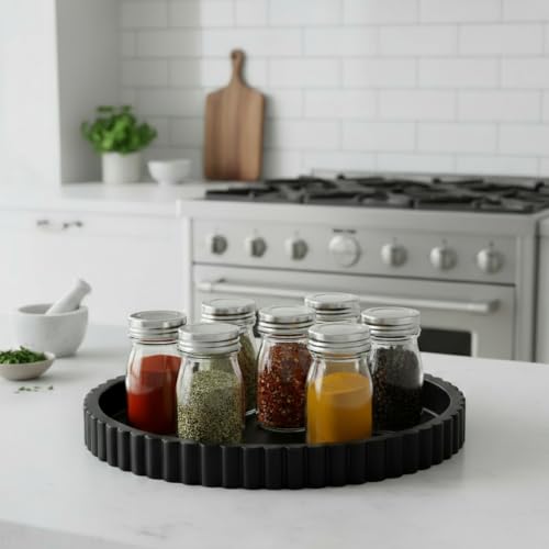 Concrete Decorative Tray for Coffee Table Tray Decor - Charcoal Black Round Decorative Tray - Circle Fluted Centerpiece Tray - Bandejas Decorativas - Water-Proof & Heavy-Duty