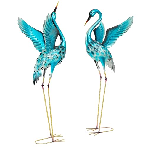Extra-Large Blue Heron Decor, Handcrafted 47.5" Metal Crane Statue with Stable U-Ground Stakes, Backyard Decoration, Metal Garden Bird Animal Yard Art, Lawn Ornament Decor - color: 47.5" -Glossy Turquoise