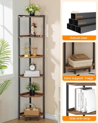 Hzuaneri Corner Shelf Stand, Corner Bookshelf, Storage Standing Shelf Unit with Metal Frame, Plant Stand, Bookcase for Living Room, Home Office, Bedroom, 6-Tier Rustic Brown CS06001B - color: Rustic Brown, size: 6 Tier