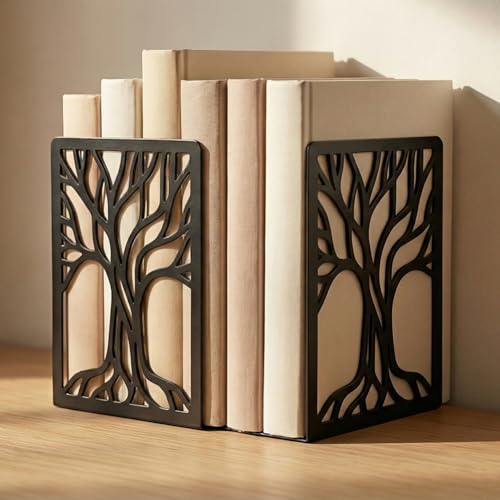 2 Pcs Black Bookends, Sturdy Metal Bookends for Shelves Decorative Book Organizer with Unique Tree Design for Home Library Office Desk - style: Abstract Tree