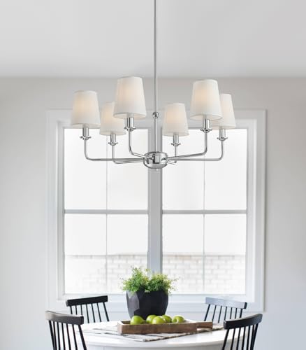 Modern 6 Light Chrome Chandelier with White Fabric Shades Elegant Ceiling Light,Farmhouse & Industrial Pendant Chandelier for Dining Room Living Room Bedroom,E12 Base - color: Chrome