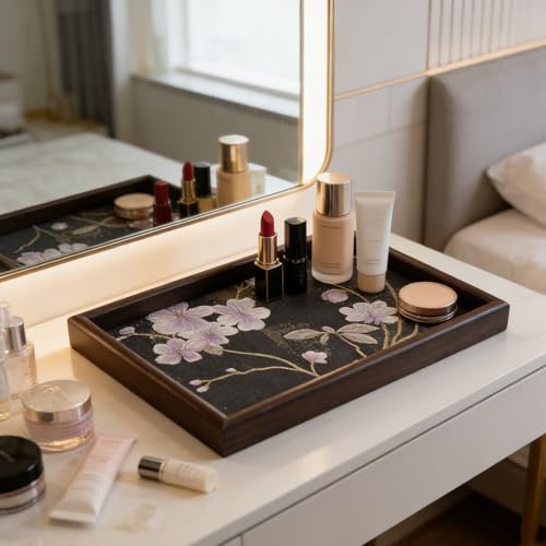 Wooden Valet Tray with Floral Base, EDC Catch All Tray Nightstand Entryway Table Vanity Organizer 11.8x7.9, Black Vintage Blossoms - color: Black Blossoms