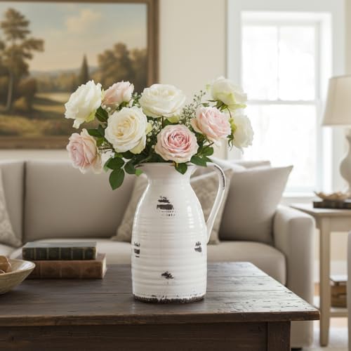 hjn Farmhouse Pitcher Vase for Flowers- Ceramic Pitcher Vase Decrative Pitchers for Your Kitchen/Home Decor/Office/Living Room/Bookshelf/Mantel/-White and Antique - color: White and Qntique Pitcher Vase