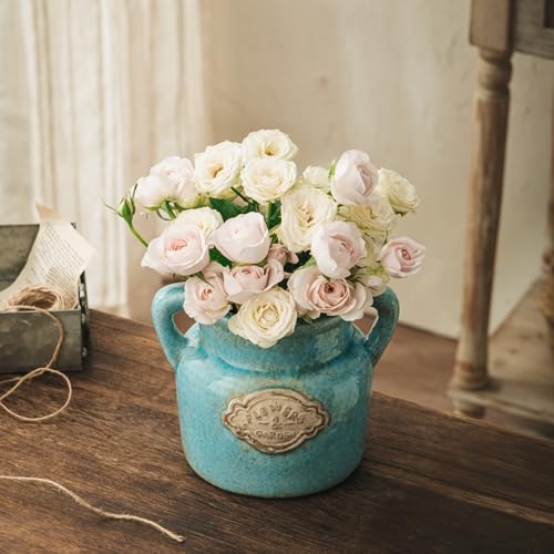 Blue Rustic Ceramic Vase, 5.8 Inch Distressed Wide Mouth Vase with Ice Cracked Glazed, Farmhouse Vintage Flower Vases for Home Office Decor Living Room Bedroom Table Centerpiece Decorations - color: Blue