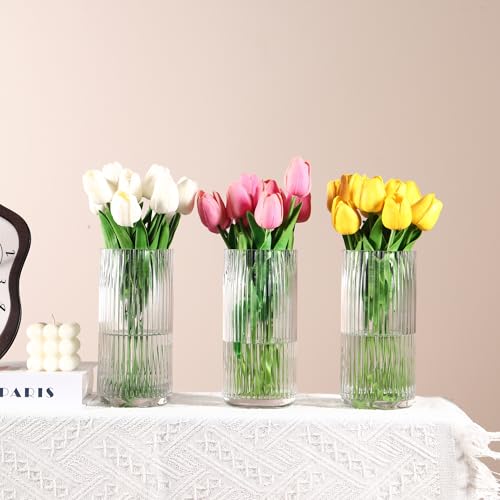 Clear Glass Vases, Flower Vases Set of 3, Ribbed Glass Vase for Tulips, Tall Cylinder Glass Vases for Living Room, Bedroom, Dining Table, Office, Wedding, Bookshelf Decoration, 8 Inches - color: Clear, size: 8'' X 3Pack
