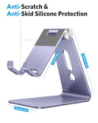 OMOTON Adjustable Cell Phone Stand, C2 Aluminum Desktop Cellphone Stand with Anti-Slip Base and Convenient Charging Port, Fits All Smart Phones, Haze Purple - color: Haze Purple