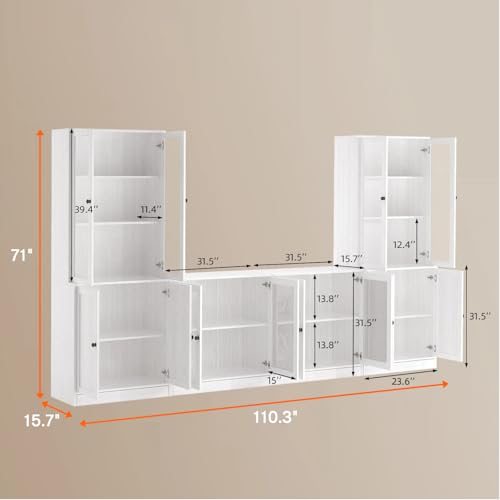 TUSY 71" TV Stand Storage Set - 2 Tall Bookcases & 2 Side Cabinets, Media Console with Glass & Wood Doors, Entertainment Center with Drawers, Tall Media Console for Living Room (White, ADDA) - color: White