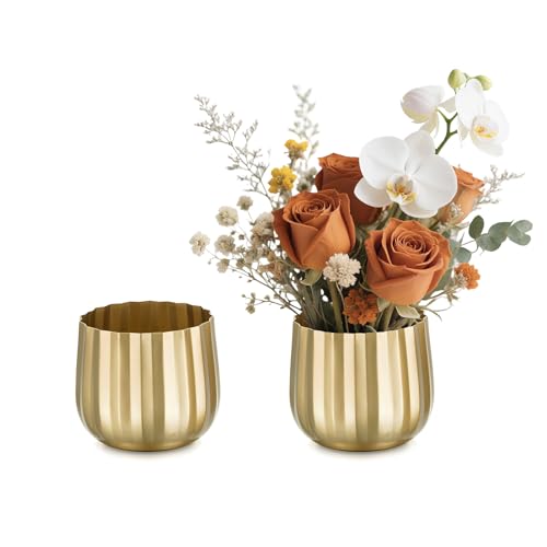 Gold Vases Compote Centerpiece Planter: 4" Ribbed Metal Vase Small Compote Bowl Planter Pot with Drainage Hole for Wedding Table Centerpiece Indoor Plants Set of 2 - color: Style 2#, size: 3.9in Tall-2pcs