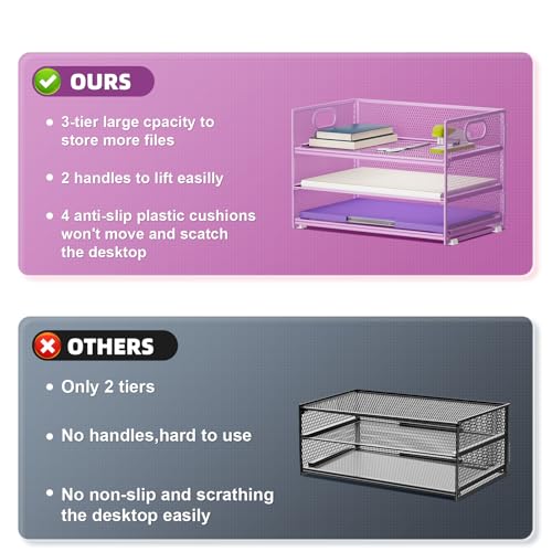 Marbrasse 3 Tier Paper Organizer Letter Tray, Mesh File Organizer with Handle, Paper Sorter Desk Organizer for Home Office Supplies(Purple) - color: Purple