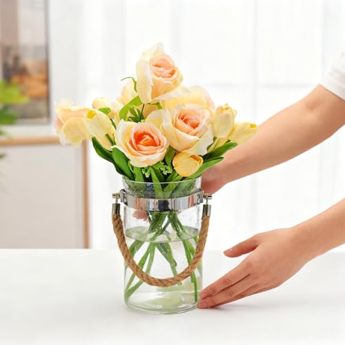 Barrel-Shaped 8.46" Large Mouth Clear Glass Vase with Hemp Rope Handle - Ideal for Floral Arrangements, Bouquets, Floating Tealights, Home Display & Holiday Decor - color: Clear, size: 06