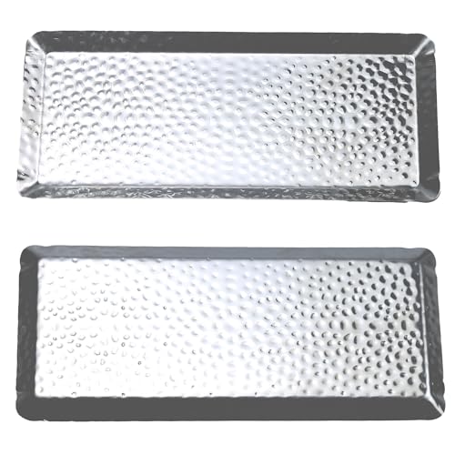 10x4inch Hammered Rectangular Tray, Stainless Steel Decorative Serving Tray, Silver Platter for Kitchen, Bathroom, Bar, Vanity Storage - color: Silver