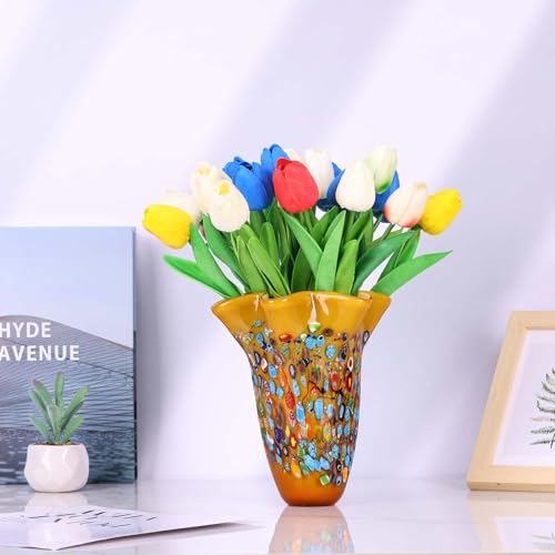 DOVDOV Handmade Glass Blown Orange Wide Mouth Irregular Vase, Modern Art Decoration for Home Office Living Room Dining Table Centerpiece