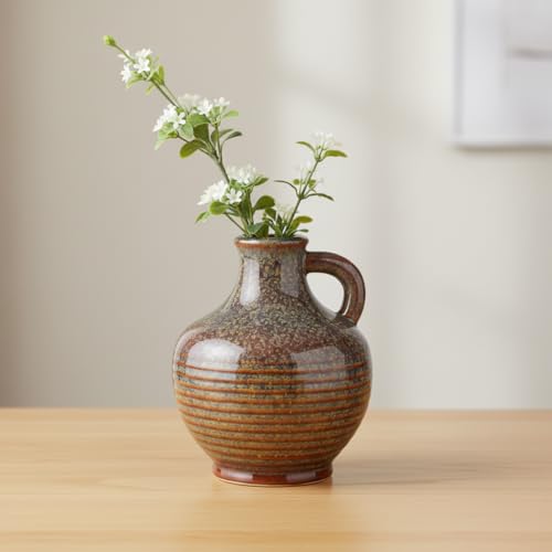 Sunddo Brown Ceramic Vase 6 Inch - Small Rustic Decorative Vase with 1 Handle, Rustic Farmhouse Decor, Bedroom, Bathroom, Bookshelf, Mantel, Coffee Table Decor - color: Rust - 6, size: 6 Inch