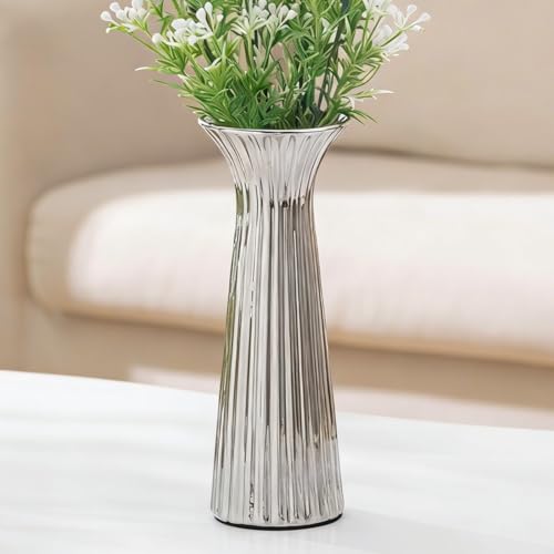 SURE YUESI 7.68” Silver Ribbed Ceramic Vase, Minimalist Farmhouse Vase for Pampas Grass, Centerpiece, Coffee Table, Kitchen, Office & Home Decor - color: Silver