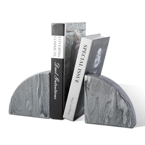 Karibiber Marble Bookend for Shelves, Non-Skid Bookends for Heavy Books, Heavy Duty Book Stopper for CDs, Luxury Book Shelf Holder, Quarter Circle Design Book Ends Decorative, Monte Grigio, Set of 2 - color: Monte Grigio