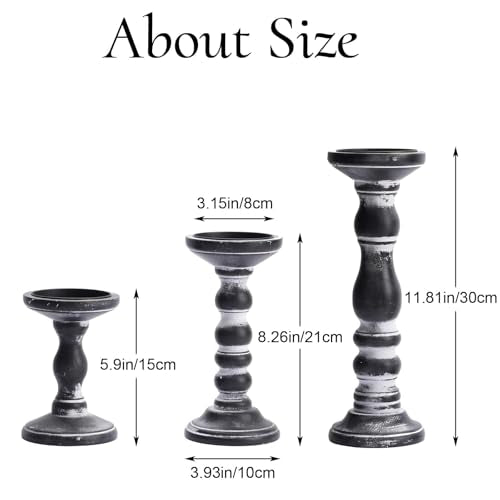 Wooden Pillar Candle Holder: Rustic Black Candle Stand Wood Distressed Candleholders Farmhouse Fall Decor for Christmas Fireplace Mantle Dining Table Living Room Shelf Set of 3 - color: Black, size: 5.9", 8.26", 11.81"