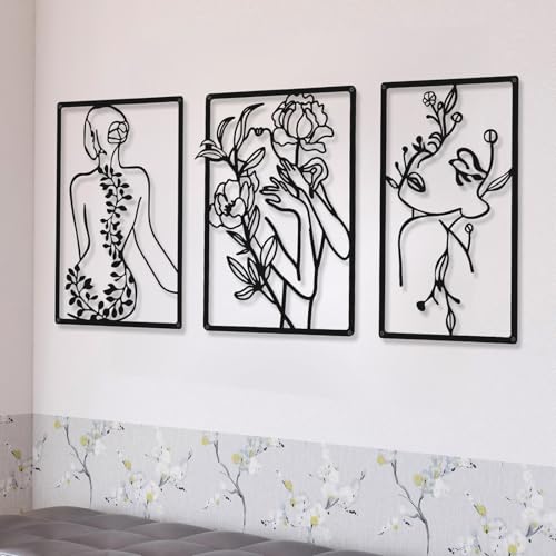 CHENGU 3 Pieces Metal Minimalist Abstract Woman Wall Art Line Drawing Wall Art Decor Single Line Female Home Hanging for Kitchen Bathroom Living Room - style: Lovely Style