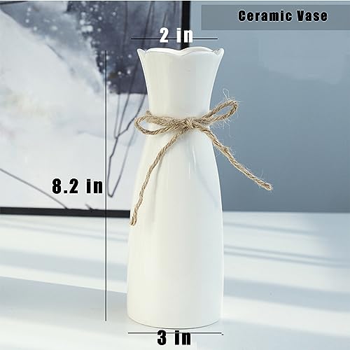 Boho Ceramic Vase with Rope, 8.2" H, Rustic Flower Vase Classic Style for Dried Flowers Fresh Flowers, Fit for Fireplace Bedroom Kitchen Living Room Centerpieces Office Desk - color: White-1