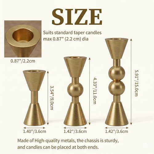 Saoweisi Gold Candlestick Holders, Set of 3 Brass Taper Candle Holders, Decorative Candle Holder, Suitable for Weddings, Holidays, and Table Decorations, Party - color: Gold