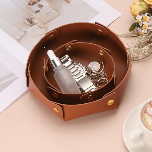 uxcell 2 Pcs Valet Tray for Women and Men, PU Leather Jewelry Tray Entryway Table Bedside Nightstand Catchall Storage Organizer for Jewelry Key Coin Watch Wallet (2 Size, Dark Blue) - color: Dark Blue